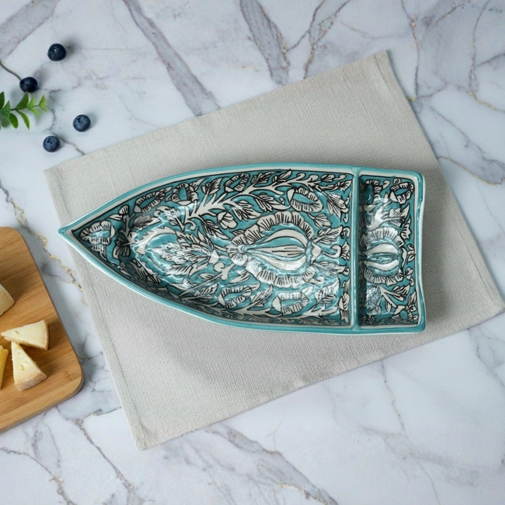 kalamkari sea green ceramic boat platter set of 2 with traditional artistic pattern for serving snacks and appetizers
